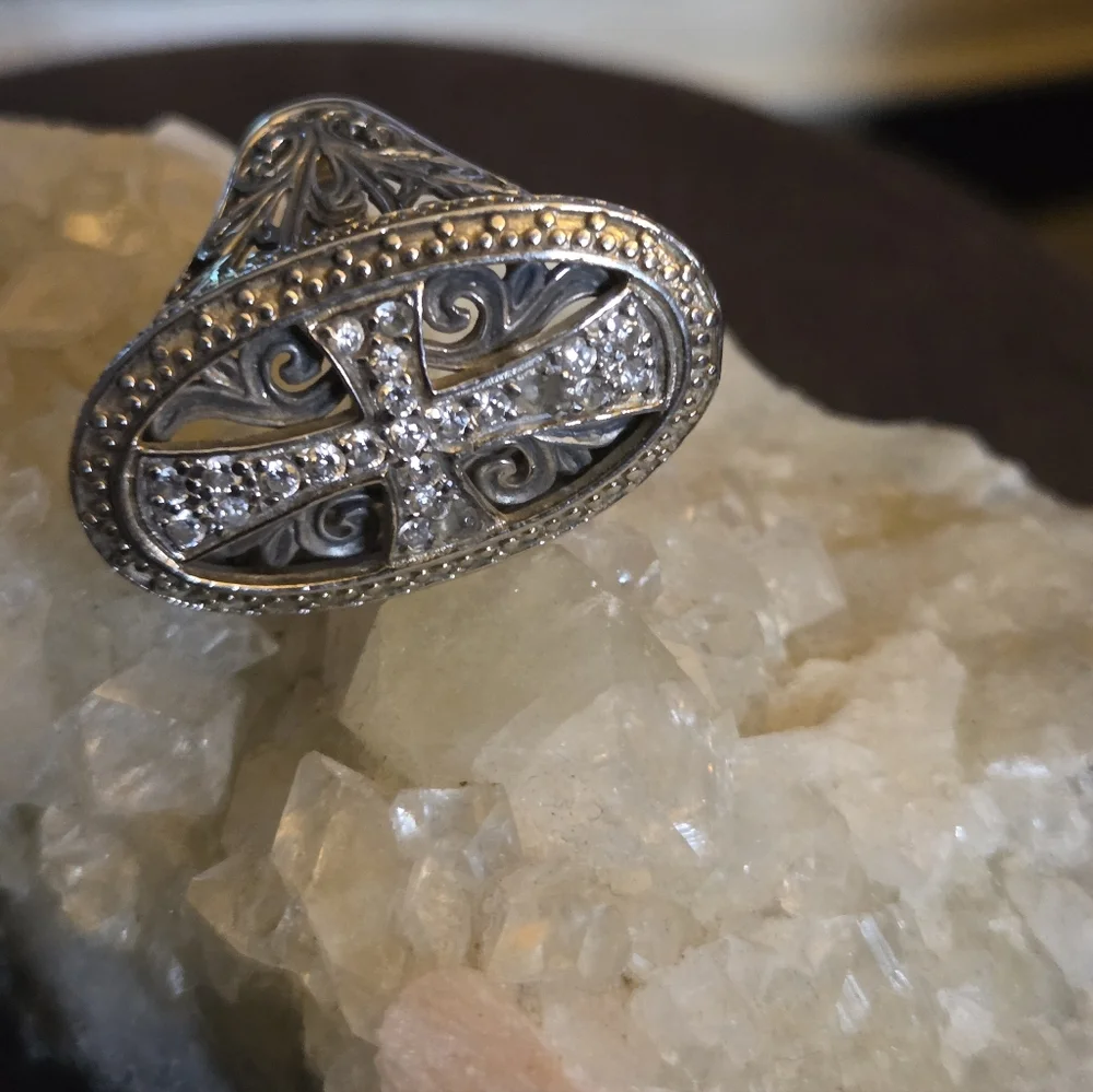Sterling Silver Cross Ring with Crystals - Picture 3 of 6